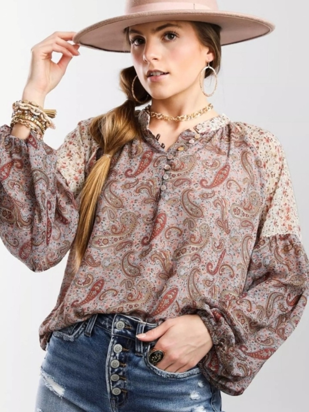 Size Large gimmicks by BKE Paisley Peasant Baloon Sleeve Blouse